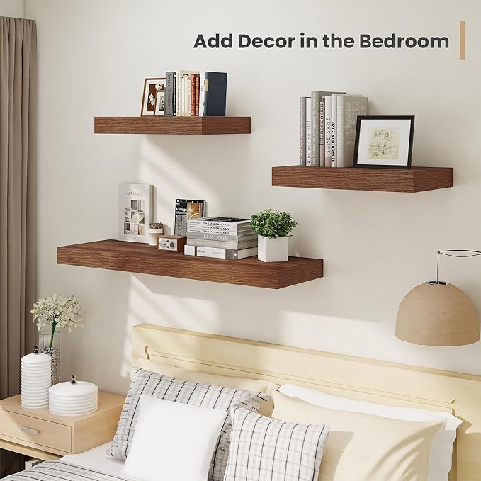 Heimlove 24 x 12 Inch Deep Floating Shelves Wall Mounted with Invisible Brackets,Storage Hanging Shelf for Wall Decor in Bathroom, Bedroom, Toilet, Kitchen, Living Room, Office Set of 2 (Walnut)