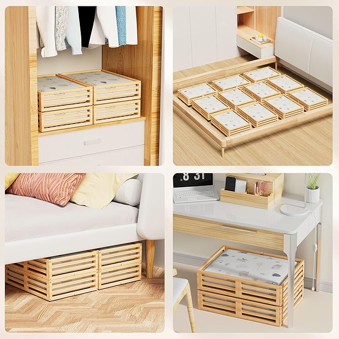 Bamboo Under Bed Storage Containers- Underbed Organizer with Wheels with Large Capacity Dust Bag,Sturdy Wood Rolling Under Bed Shoe Storage Organizer 2 Packs (Nature, 2 Packs (23.62"×16.54"))