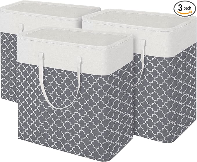 BlissTotes 3-Pack Laundry Basket, Freestanding＆Waterproof Laundry Hamper, Collapsible Tall Clothes Hamper with Easy Carry Handles for Clothes, Towels in the Family and Dorm,Clover Grey,100L