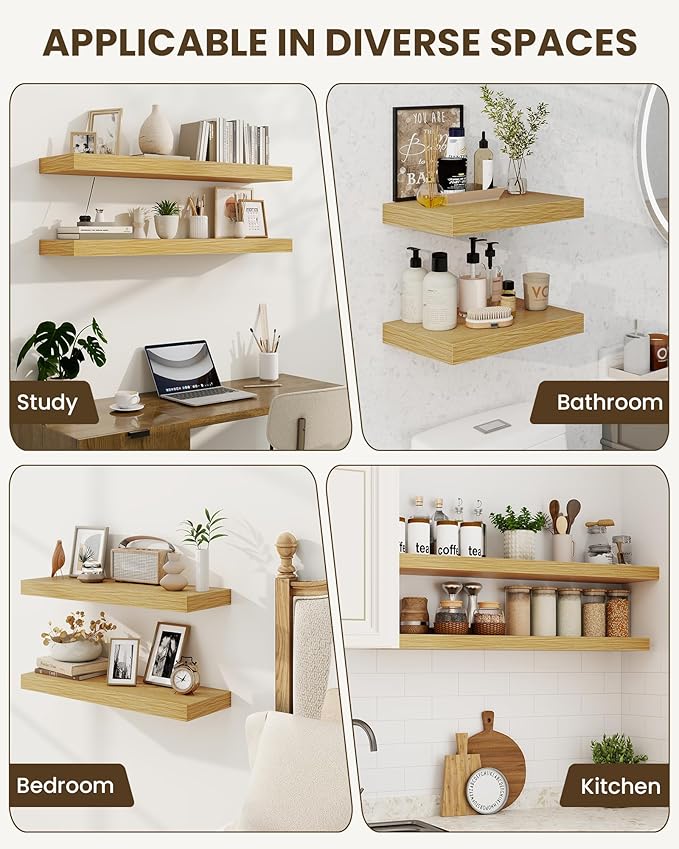 Marsmiles 32" Floating Shelves for Wall, Wooden Shelves with Invisible Brackets Set of 2, Rustic Farmhouse Wall Mounted Shelf for Kitchen Bathroom Living Room Study, Natural Oak