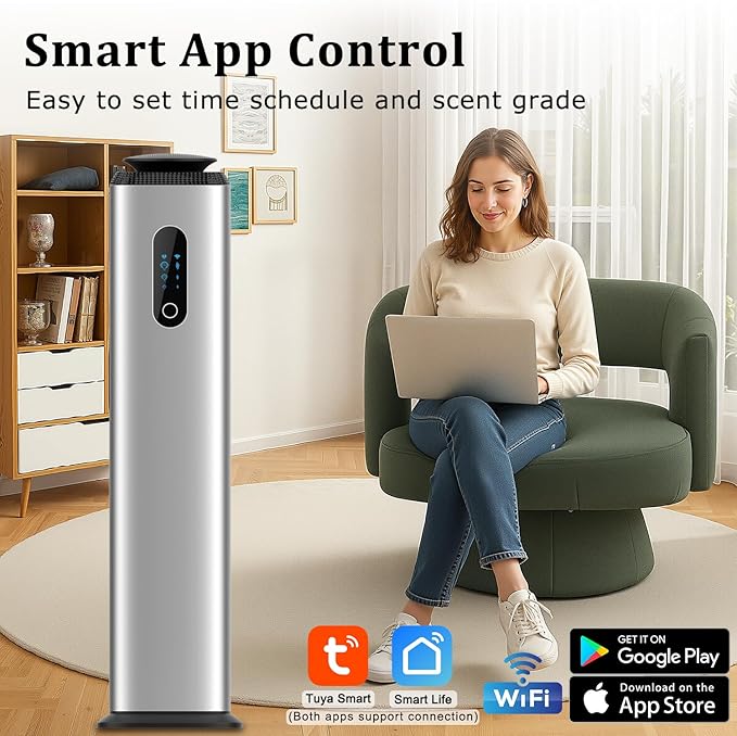 1000ML- Commercial Diffuser Machine Cover 10000 Sq Ft - Tower Hotel Scent Diffuser for Whole House - WiFi App Control -Scent Air Machine & Waterless Essential Oil Diffuser for Large Room - Silver