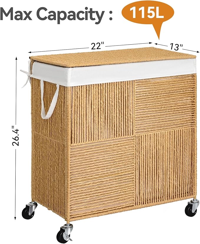 WOWLIVE Double Laundry Hamper with Lid, Handwoven Rolling Laundry Basket with Wheels, 115L Dirty Clothes Hamper with Removable Liner Bag Large Capacity Laundry Sorter Laundry Room Organization,Natural