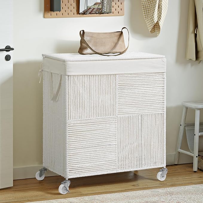 WOWLIVE Double Laundry Hamper with Lid, Handwoven Rolling Laundry Basket with Wheels, 115L Dirty Clothes Hamper with Removable Liner Bag Large Capacity Laundry Sorter Laundry Room Organization,White