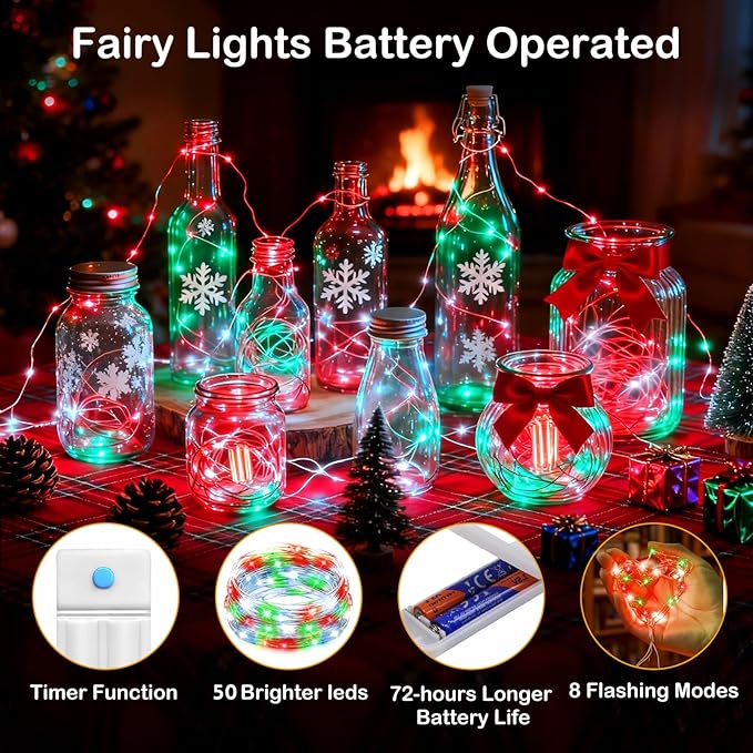 ZNYCYE 6 Pack Fairy Lights Battery Operated, 8.2 Ft 50 LED With Timer, 8 Modes Christmas Lights, Waterproof for Indoor Wedding Decorations (Red Green White)
