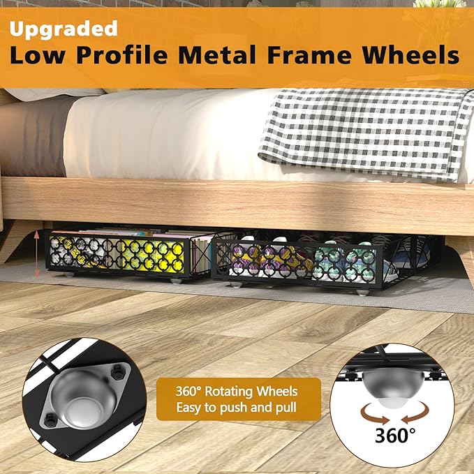 NADAMOO Large Under Bed Storage with Wheels, Low Profile Rolling Under Bed Storage Containers，Foldable Metal Under the Bed Organizer Bins for Bedroom，2 Packs