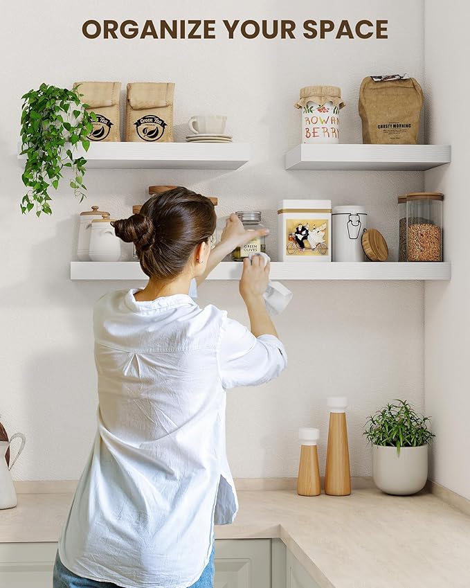 Marsmiles 72" Floating Shelves for Wall, Wooden Shelves with Invisible Brackets Set of 2, Rustic Farmhouse Wall Mounted Shelf for Kitchen Bathroom Living Room Study, White