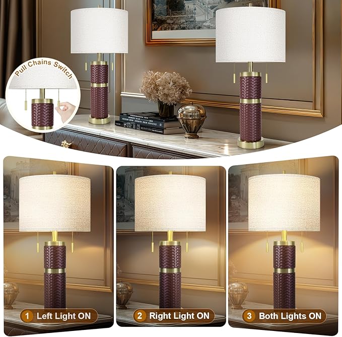 Woven Leather Table Lamps Set of 2, Lamps for Night Stands, 25" Bedside Lamps with USB A+C Ports, Linen Shade, Modern Table Lamps for Bedroom Living Room Office Reading(Bulb Included)