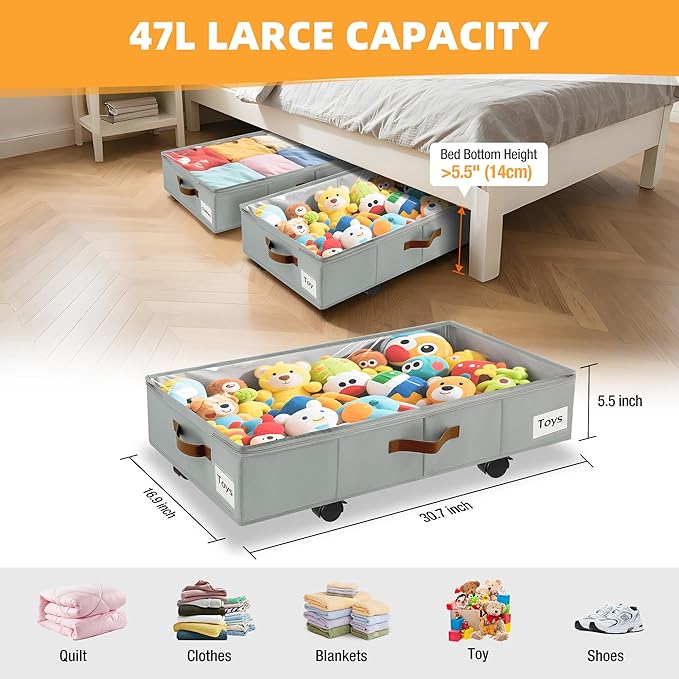 2 Pack Under Bed Storage with Wheels – 30.5×17×5.5 Inch, Underbed Storage with Sturdy Sidewalls/Bottom, Clear Cover, Label and PU Handle, Rolling Under Bed Drawers for Clothes, Shoes, Toys, Blankets