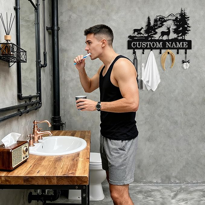 Personalized Deer Key Holder Wall Mount, Custom Metal Key Rack Key Holder with Name, Deer Cabin Wall Keys Hanger with Hooks for Entryway, Front Door, Hallway, Kitchen, Living Room