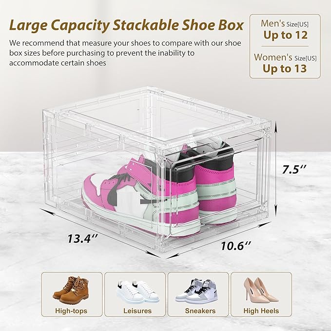 10 Pack XX Large Thicken Sturdy Hard Plastic Clear Stackable Shoe Storage Boxes for Size 12, Sneaker Shoe Rack Containers Holders Bins Display Case Organizer for Closet, White