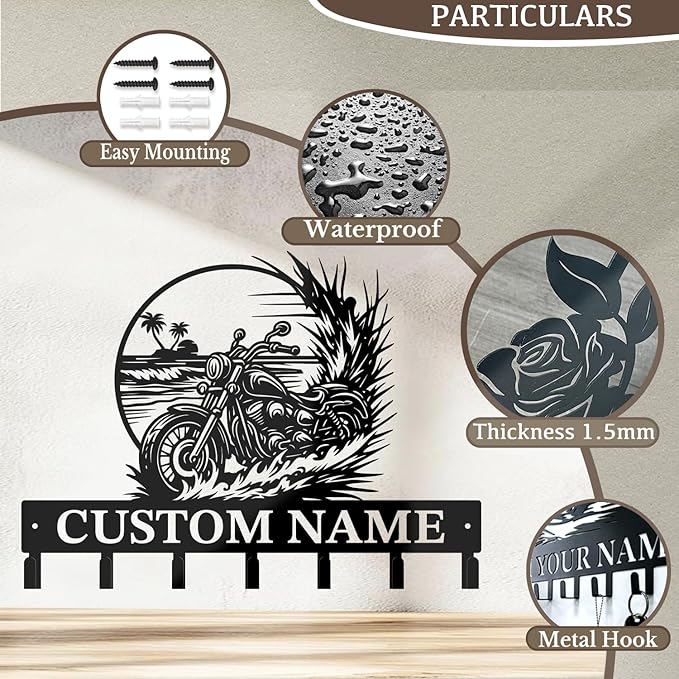 Custom Motorcycle Garage Metal Wall Hooks,Key Holder-Personalized Iron Wall Decor for Keys, Coats & Home(Black, Handmade,Decorative,Entryway, Bedroom,Man Cave) (Style H)