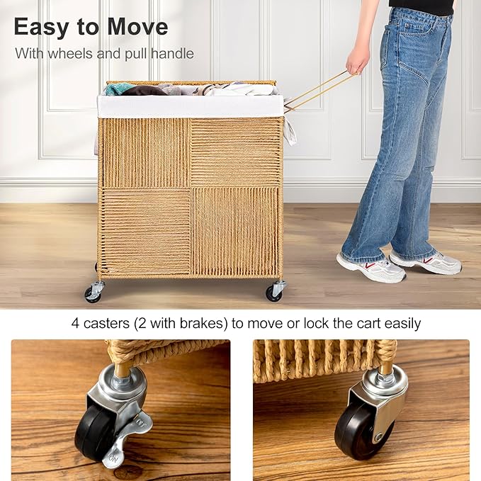 WOWLIVE Double Laundry Hamper with Lid, Handwoven Rolling Laundry Basket with Wheels, 115L Dirty Clothes Hamper with Removable Liner Bag Large Capacity Laundry Sorter Laundry Room Organization,Natural