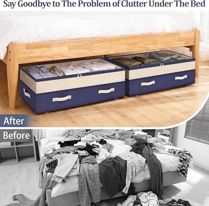 Dolicer 2 Pack Under Bed Storage with Wheels, 6in-10in Height Adjustable Underbed Storage Containers, 92L XXXL Under Bed Drawers Rolling Bin with Clear Lids for Dorm Shoes Clothes Organizers(Blue)