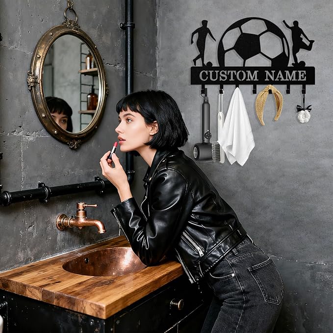 Personalized Football Key Holder Wall Mount, Custom Metal Key Rack Key Holder with Name, Deer Cabin Wall Keys Hanger with Hooks for Entryway, Front Door, Hallway, Kitchen, Living Room