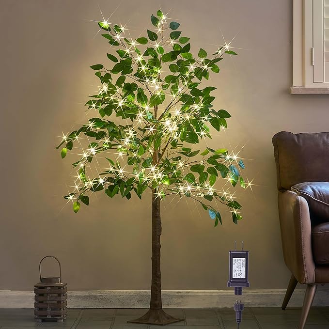 Hairui Artificial Ficus Silk Tree Lights 4FT 140LED Fairy Lights, Faux Plant Tree with Lights for Home Room Spring Summer Decoration Inside