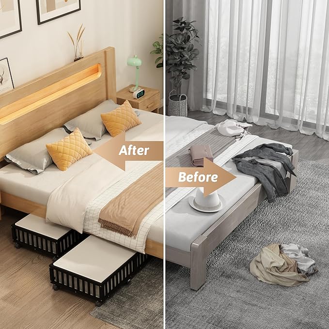 Bamboo Under Bed Storage Containers with Wheels, 2 Pack Large Under the Bed Shoe Storage Bins, Wood Rolling Underbed Drawers Organizer for Bedroom Closet Clothes Blanket Under Crib Toy Black