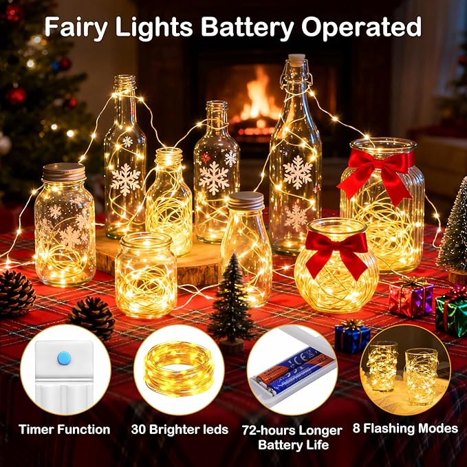 ZNYCYE 10 Pack Fairy Lights with Timer,10ft 30 LED String Lights 8 Modes Fairy Lights Battery Operated Waterproof for DIY Wedding Party Bedroom Mason Jars Christmas Decorations (Warm White)