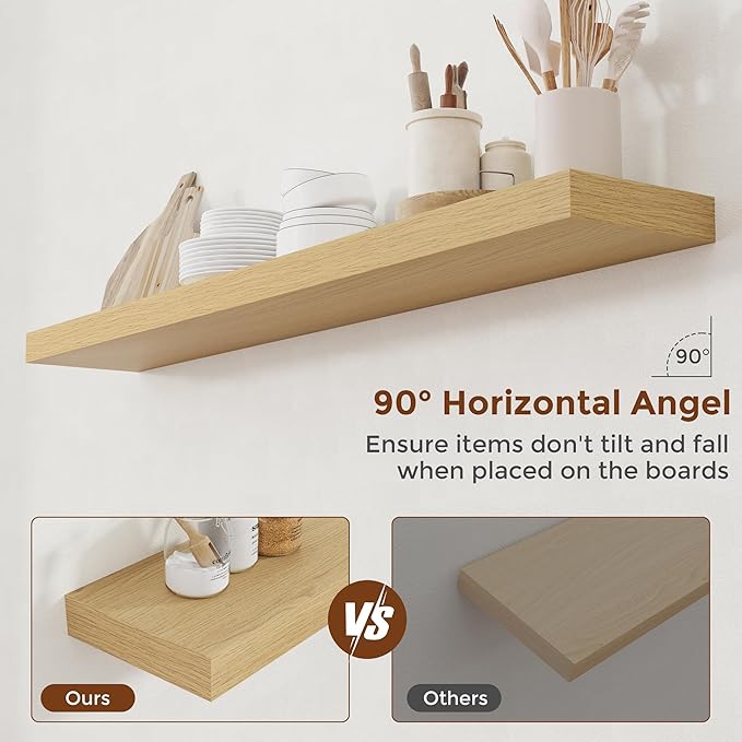 Heimlove 55 Inch Floating Shelves for Wall 8 Inch Deep Oak Shelves Set of 2,Wall Mounted Rustic Wood Long Floating Shelf，Large Extra Display & Storage Shelf with Invisible Brackets