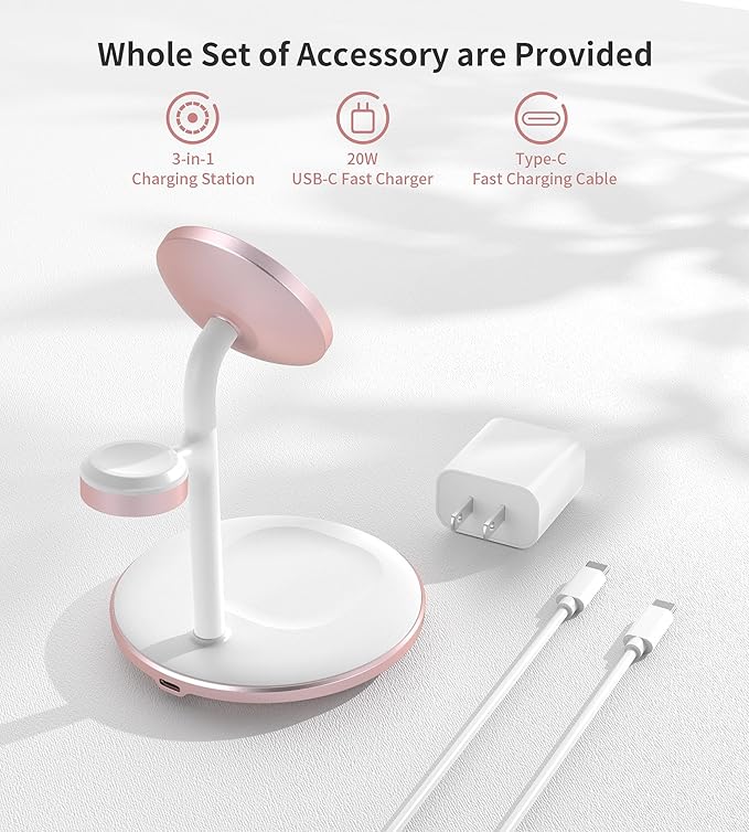 XooFly 3 in 1 Wireless Charging Station for Apple Devices, Fast Wireless Mag-Safe Charger Stand with 20W Adapter for iPhone 17/16 15 14 13 12 Pro Max/Pro/Plus/Air/Mini, iWatch, AirPods (Pink)