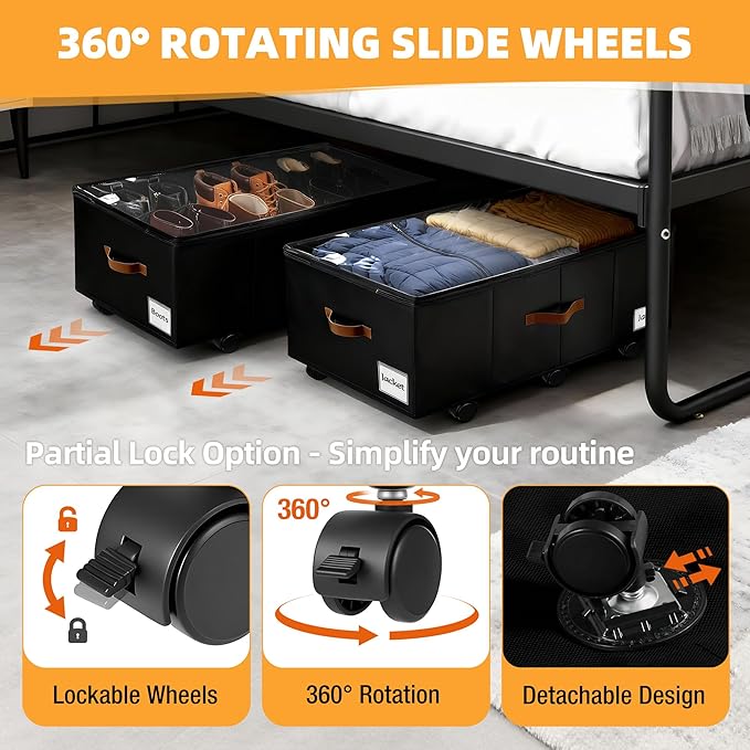 11 inch Under Bed Storage with Wheels, 2-Pack Underbed Storage Containers for College Dorms Bedrooms Organization, Foldable Under Bed Drawers for Comforters, Blankets, Clothes & Shoes, Black