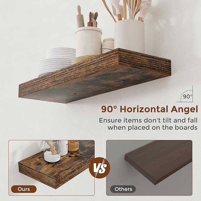 Heimlove 24 Inch Floating Shelves for Wall Rustic Brown Shelves Set of 2,Wall Mounted Rustic Wood 8 Inch Deep Floating Shelf with Invisible Brackets for Bedroom Kitchen Living Room