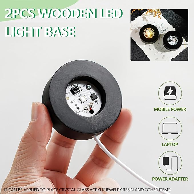 ZEERSHEE 2Pcs Wooden LED Light Base for Acrylic Resin Crystal Art - 7 Color Cycle with USB Cable Display Stand Round Lighted Pedestal for 3D Crystal Sphere (2.3" Holder)
