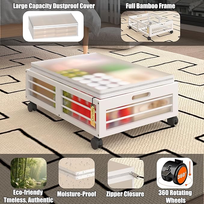 Under Bed Storage Containers with Wheels, Larger Bamboo Wood Under Furniture Storage Containers with Dust Bags，Rolling for Shoes Clothes