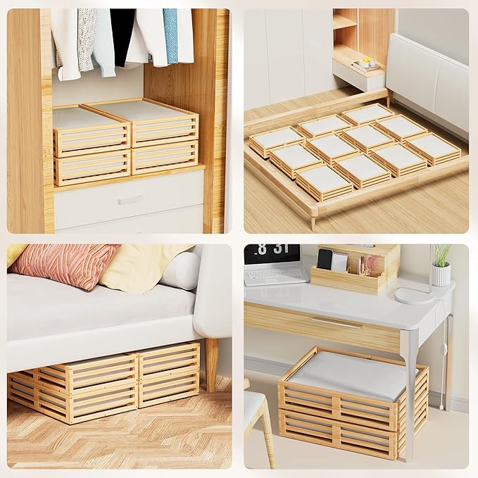 Wisuce Bamboo Under Bed Storage Containers- Underbed Organizer with Wheels with Large Dust Bag,Sturdy Wood Rolling Under the Bed Shoe Storage Organizer Drawer 2 Packs (Nature, Small)
