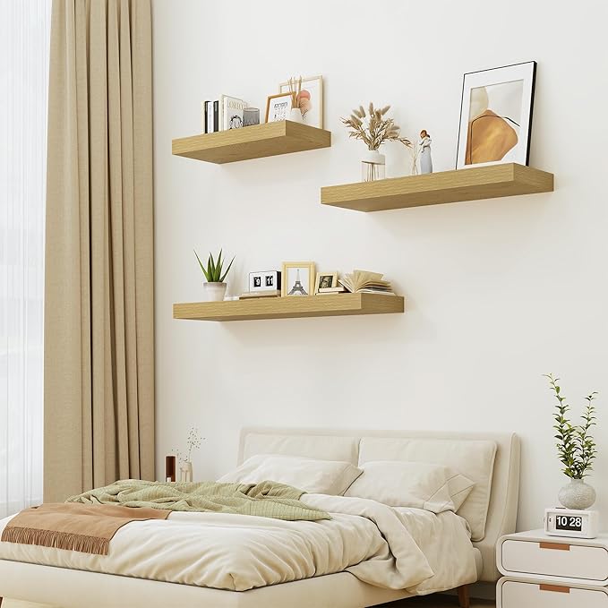 Heimlove Bathroom 12'' Deep Floating Shelves for Wall - Shelf Over Toilet Mounted Farmhouse 24 inches,Rustic Wood Shelves Decor & Storage Set of 1 Oak