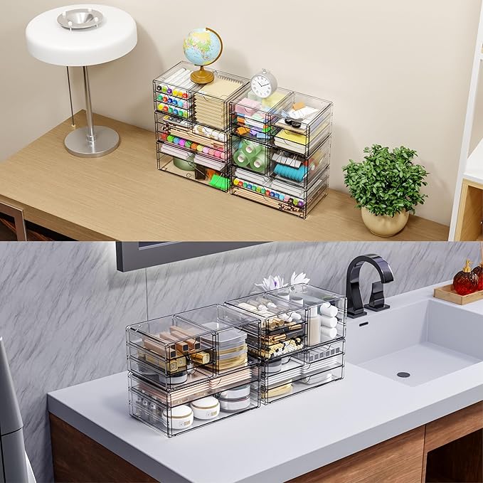 Yieach 2 Pack Acrylic Drawer Organizer With 6 Drawers,Stackable 11.1” Large Clear Storage Drawers and Makeup Organizer For Vanity,Bathroom Countertop,Cabinet,Pantry,Office Supply Storage Bins Drawers