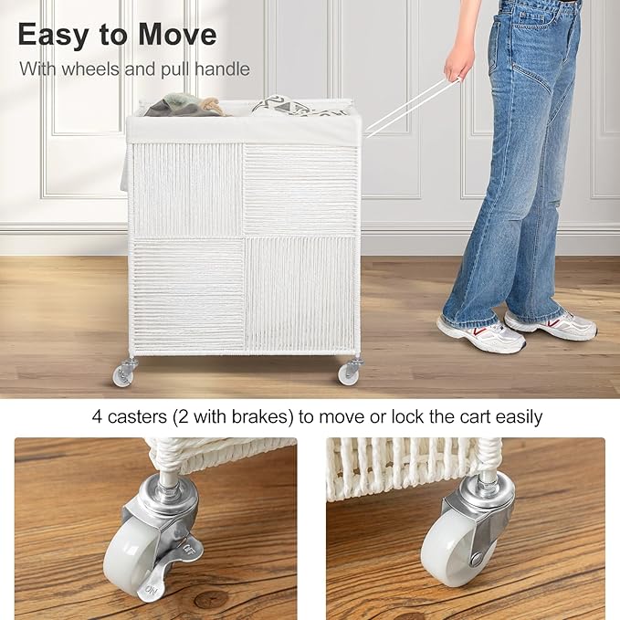 WOWLIVE Double Laundry Hamper with Lid, Handwoven Rolling Laundry Basket with Wheels, 115L Dirty Clothes Hamper with Removable Liner Bag Large Capacity Laundry Sorter Laundry Room Organization,White