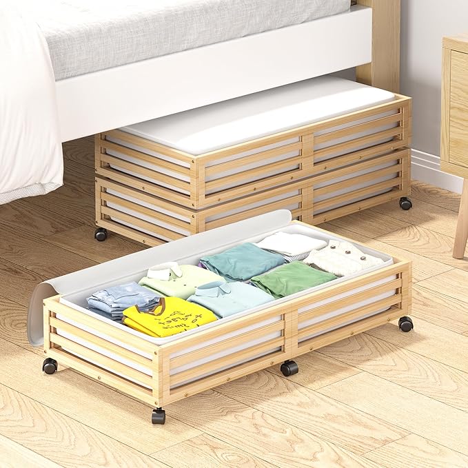 Wisuce Bamboo Under Bed Storage Containers- Underbed Organizer with Wheels with Large Dust Bag,Sturdy Wood Rolling Under the Bed Shoe Storage Organizer Drawer 2 Packs (Nature, Long)