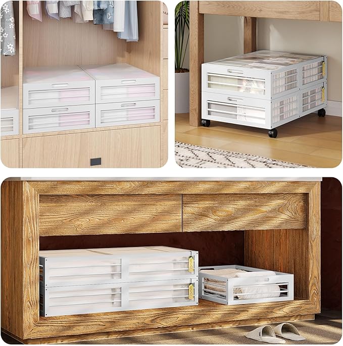Under Bed Storage Containers with Wheels, Larger Bamboo Wood Under Furniture Storage Containers with Dust Bags，Rolling for Shoes Clothes