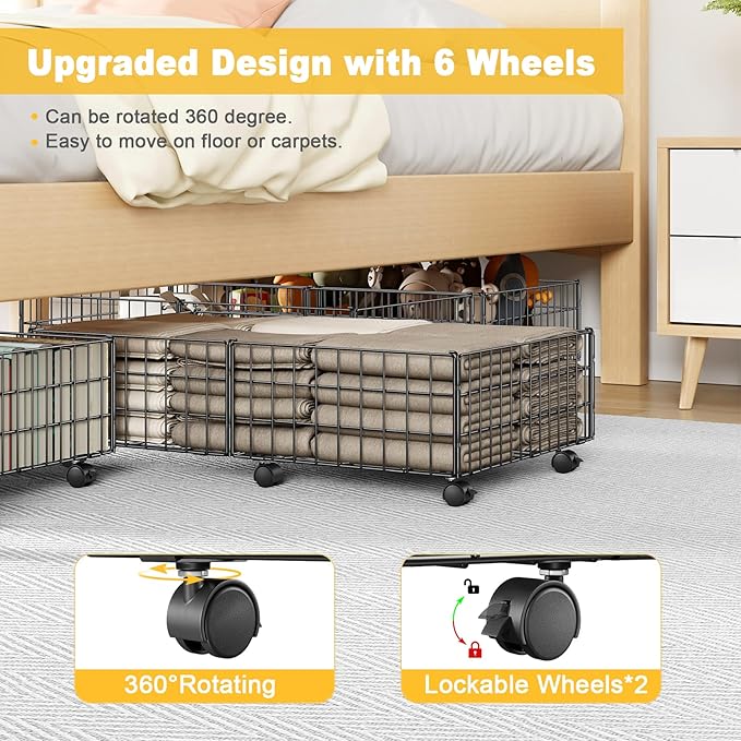 Mr IRONSTONE Under Bed Storage Containers with 6 Wheels | Upgraded Heavy-Duty Metal Frame Holds Up to 80LBS | Space-Saving Rolling Underbed Storage Organizer for Shoes, Clothes & Seasonal Items