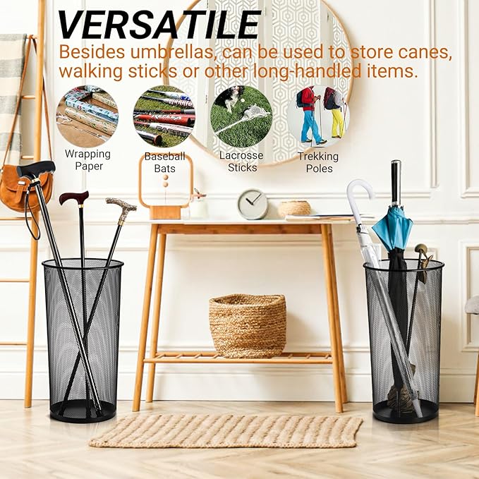 Youeon 2 Pack Large Umbrella Holder, 10.5x20 Inch Metal Mesh Umbrella Stand, Freestanding Bucket for Umbrellas, Canes, Walking Sticks, Wrapping Paper, Entryway, Home, Office, Hotel, Black