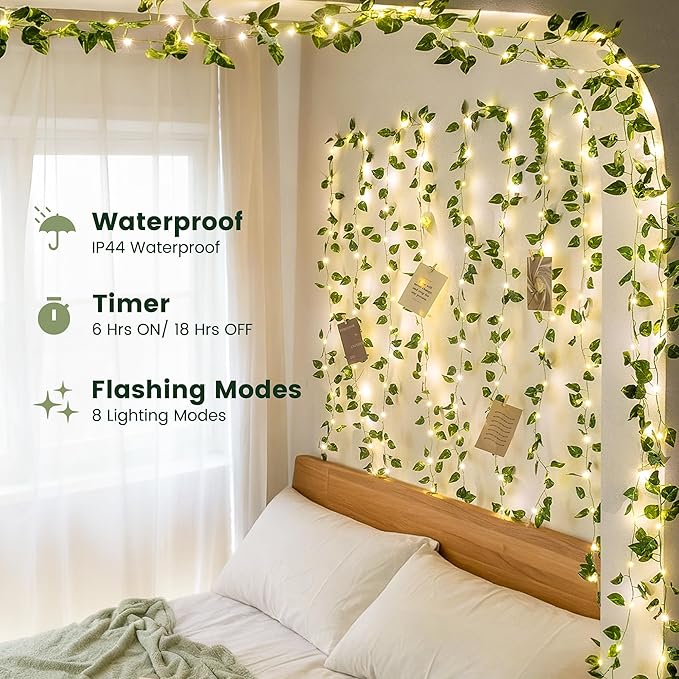 HEYFUNi Vines with Lights, 23 Ft 73 Led Faux Pothos Vines with Fairy Lights USB/Battery Operated, Leaf String Lights for Bedroom, Wall, Balcony, Wedding Decor, Warm White
