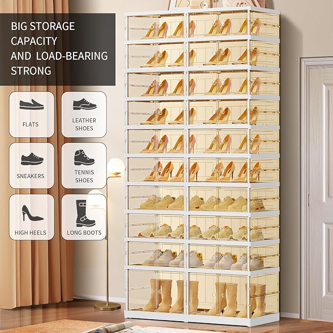 10 Tiers 20-40 Pairs Foldable Shoe Boxes Large Plastic Shoe Storage Rack Collapsible Shoe Organizer For Closet Tall Shoe Shelf Clear Stackable Shoes Cabinet with Doors Entryway