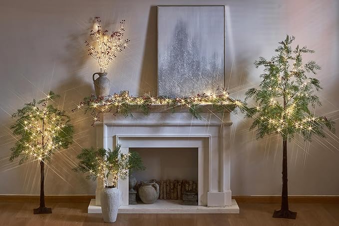 Hairui Pre Lit Christmas Pine Tree 195 Fairy Lights 6FT Plug in, Lighted Faux Cypress Tree with Red Berry for Indoor Outdoor Home and Holiday Decoration