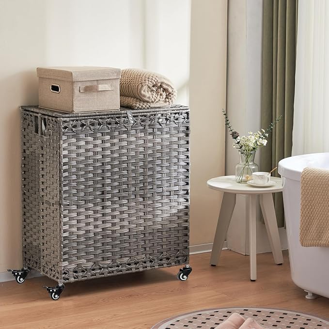 Laundry Hamper with Wheels&Lid, 50.2 Gallons(190L) Rolling Laundry Basket with Wheels, 3-Section Laundry Hamper, Handwoven Rattan Clothes Hamper with 6 Removable Liner& 3 Mesh Laundry Bags, Grey