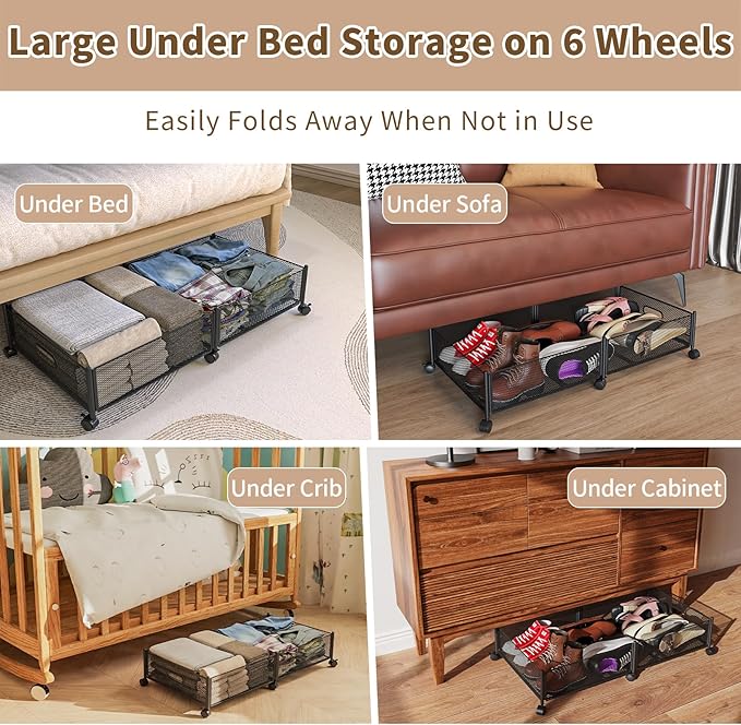 Under Bed Storage on Wheels, Upgraded 31.5 inch Large Rolling Under Bed Storage, Metal Foldable Underbed Drawers Organizer Tool-free Assembly Underbed Shoes Clothes Organize