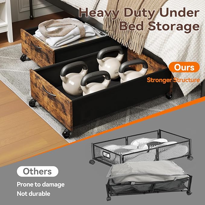 Under Bed Storage with Wheels, Under Bed Storage Drawers on Wheels, Metal Frame Under Bed Shoe Storage, Space-Saving for Bedroom Closet Organization