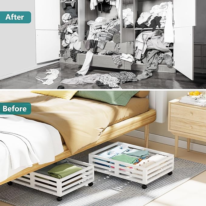 Bamboo Under Bed Storage Containers- Underbed Organizer with Wheels with Large Capacity Dust Bag,Sturdy Wood Rolling Under Bed Shoe Storage Organizer 2 Packs (White, 2 Packs (23.62"×16.54"))