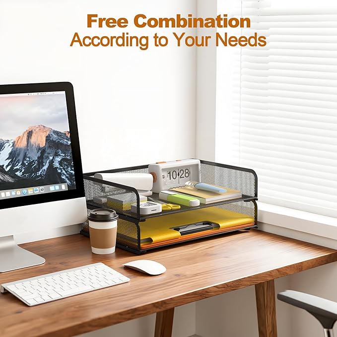 YINGHUA 2-Pack Metal Mesh Stackable Paper Letter Trays Organizer for Classroom,Office Desk File Sorter Holder Organizer Storage Box for Letter/A4 Size Folder Documents-Black