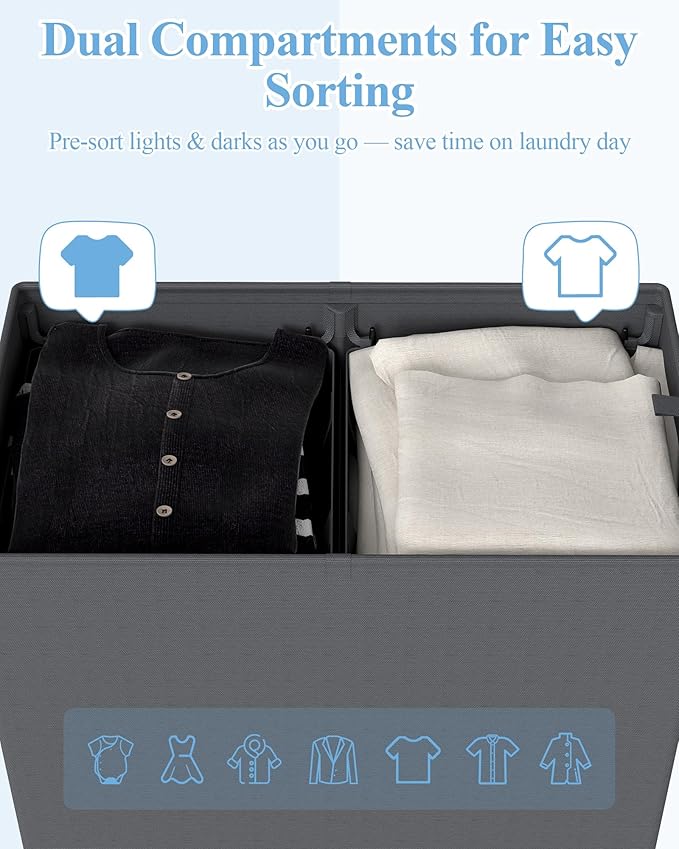 YECAYE 150L Extra Large Laundry Hamper with Lid – Foldable Double Laundry Hamper with Removable Liner – 2 Section Clothes Basket, Dirty Clothes Basket for Bedroom, Bathroom, Laundry Room,Grey