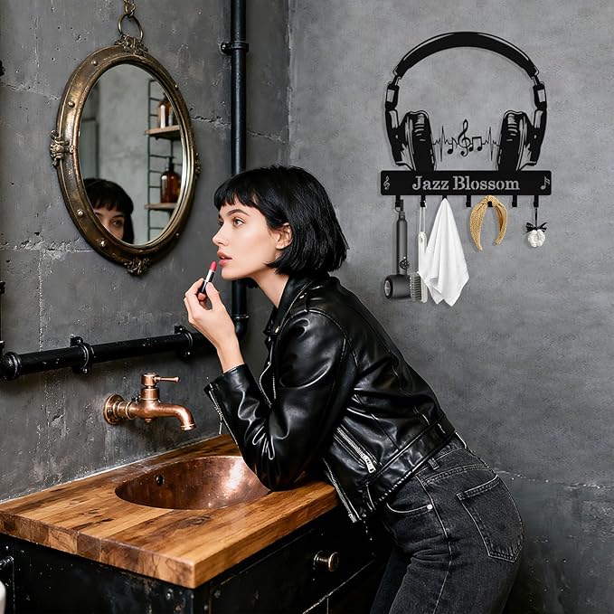 Personalized Headphone Key Holder Wall Mount, Custom Metal Key Rack Key Holder with Name, Deer Cabin Wall Keys Hanger with Hooks for Entryway, Front Door, Hallway, Kitchen, Living Room