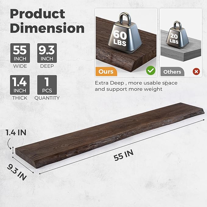 Live Edge Elm Floating Shelves For Wall - 55" W x 9.3" D Rustic Solid Long Wood Shelves with Invisible Bracket, Wall-Mounted Storage & Display Shelf for Living Room Bedroom Kitchen, Set of 2, Walnut