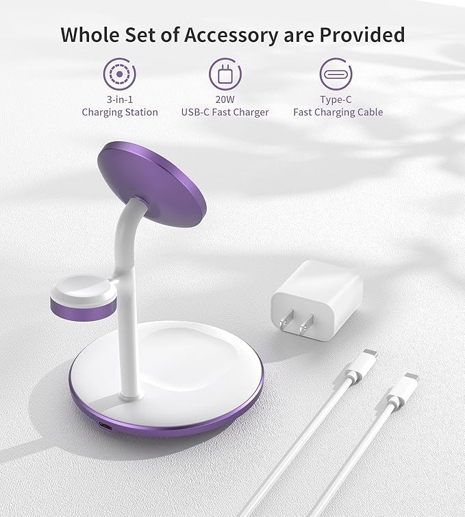 XooFly 3 in 1 Wireless Charging Station for Apple Devices, Fast Wireless Mag-Safe Charger Stand with 20W Adapter for iPhone 17/16 15 14 13 12 Pro Max/Pro/Plus/Air/Mini, iWatch, AirPods (Lavender)