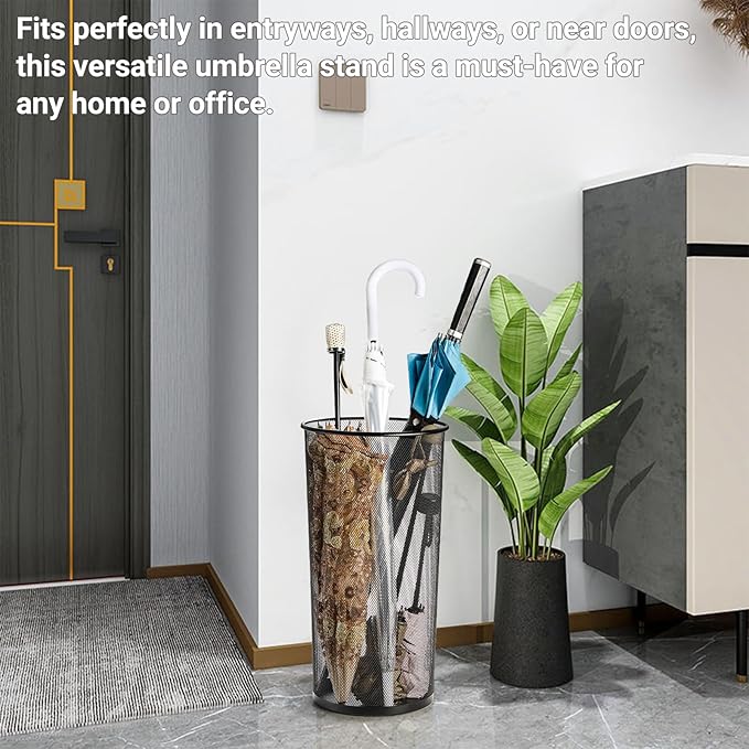 Youeon 2 Pack Large Umbrella Holder, 10.5x20 Inch Metal Mesh Umbrella Stand, Freestanding Bucket for Umbrellas, Canes, Walking Sticks, Wrapping Paper, Entryway, Home, Office, Hotel, Black