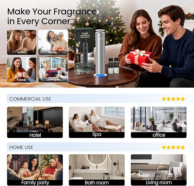 The CACAFSFY Waterless Scent Diffuser Starter Kit - 1000 Sq Ft Coverage, Hotel Scent Diffuser, Essential Oil Diffuser Large Room, Included 2x120ml Scent Oils, Remote Control,Cold Air Diffuser