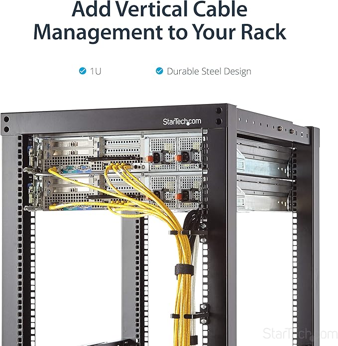 StarTech.com 1U Vertical 2.2 x 3.9in Server Rack Cable Management D-Ring Hook w/Flexible Opening - Network Rack-Mount Cord Organizer Ring (CMHOOK1U),Black (Pack of 2)
